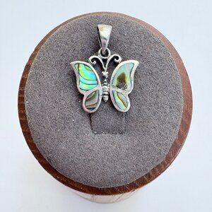 VTG Solid Sterling Silver 925 Abalone Butterfly Pendant Size 0.75" Length